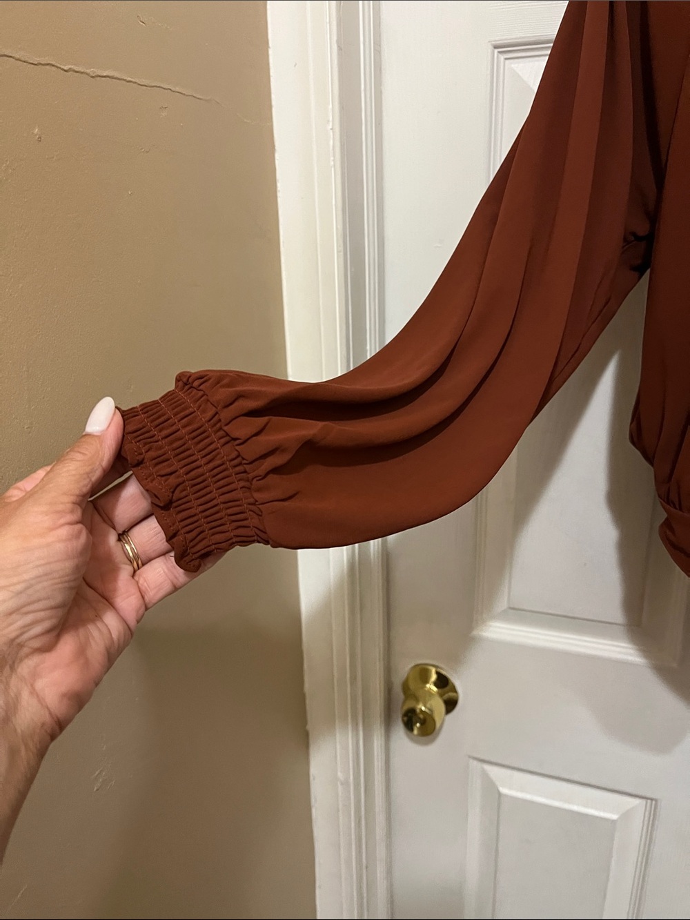 Express Rust Ruffled Mock Neck Long-Sleeve Bodysuit - Picture 3 of 6